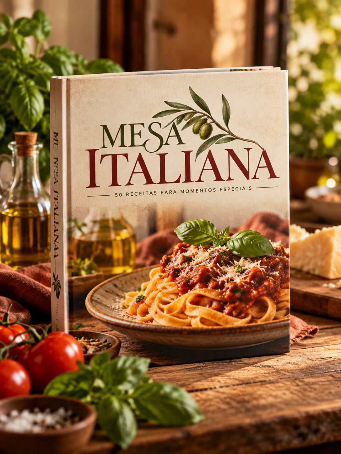 Livro Mesa Italiana — 50 receitas para momentos especiais — sobre uma mesa de madeira com massa, tomates e manjericão