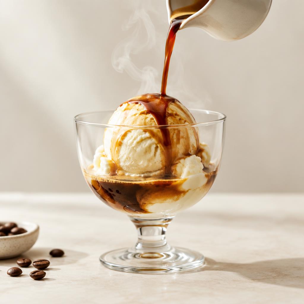 Sorvete afogado no café, com café quente sendo servido sobre a bola de sorvete