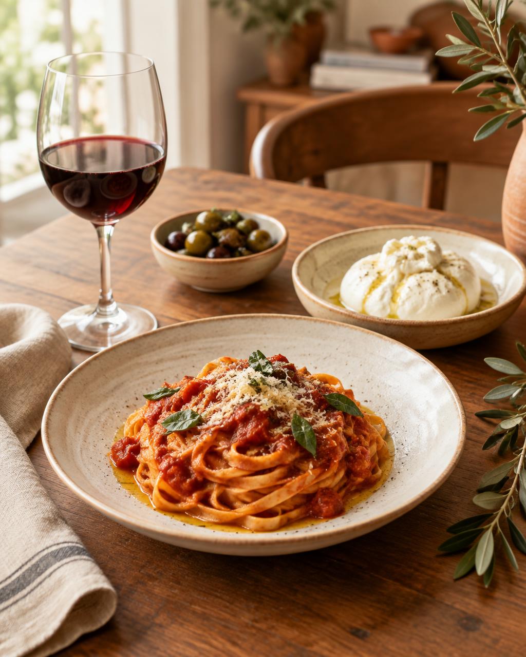 Mesa italiana servida em casa, com massa, burrata, azeitonas e vinho