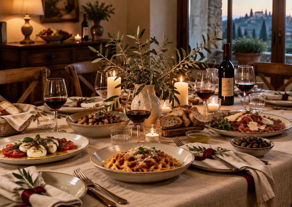 Mesa italiana pronta para receber visitas, com velas, pães, vinho e pratos servidos